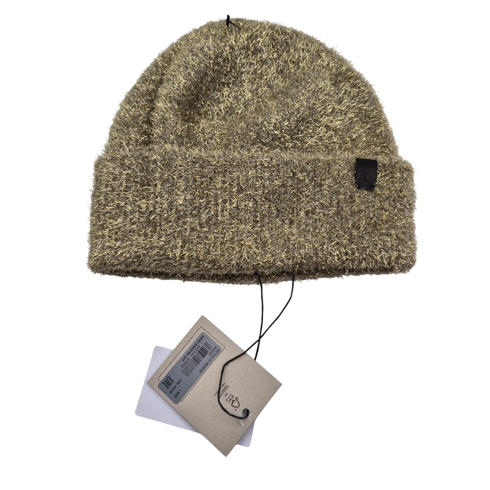AllSaints Metallic Eyelash Knit Beanie Hat Khaki Tan Gold One Size Fit Most